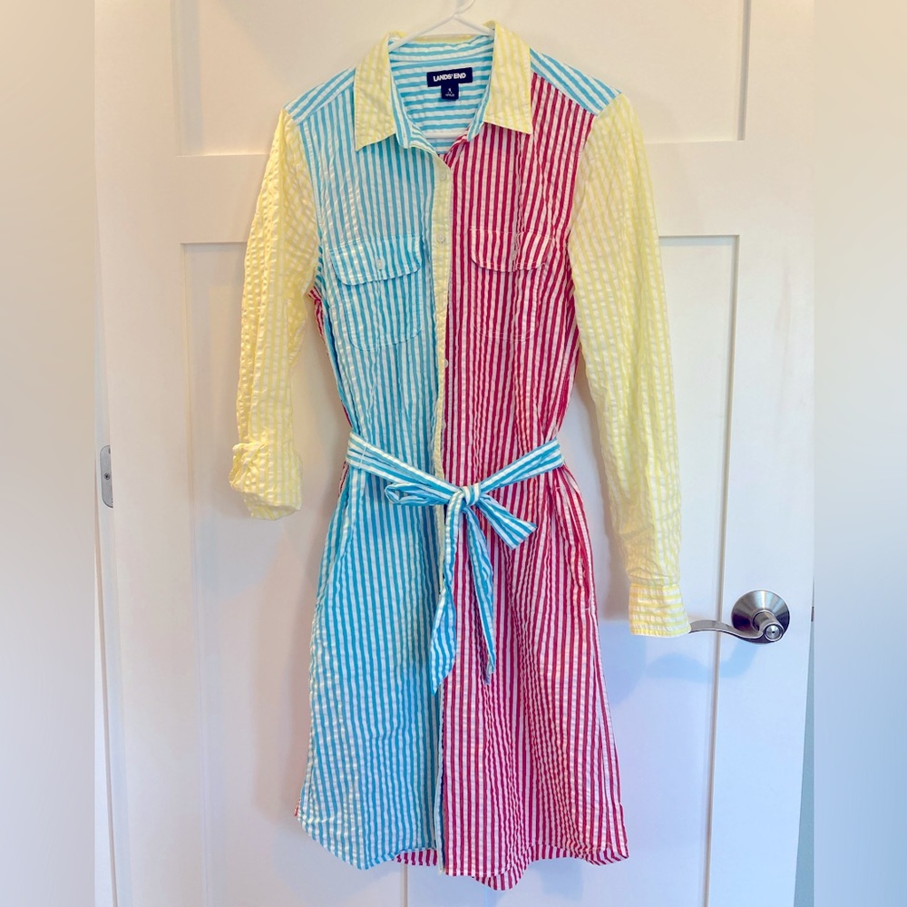 Striped seersucker long-sleeved shirt dress